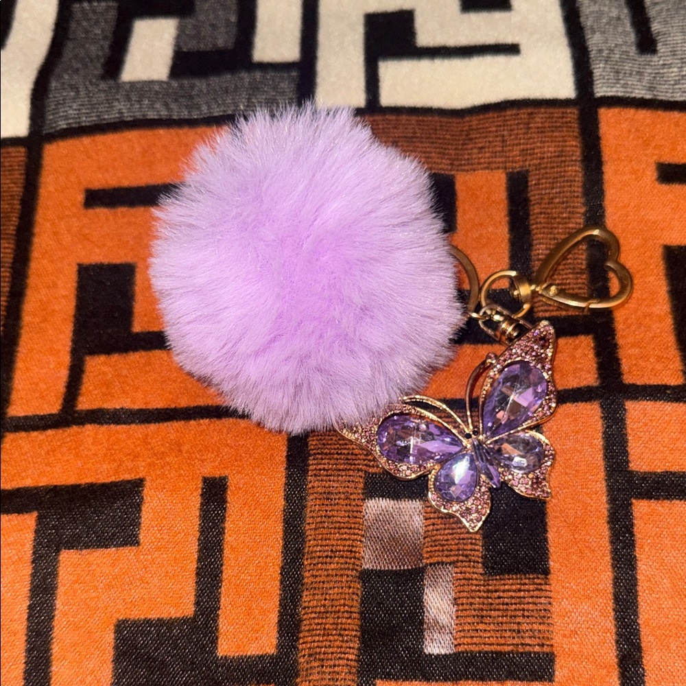 Plush Lavender Pom-Pom Keychain & Crystal Butterfly Charm